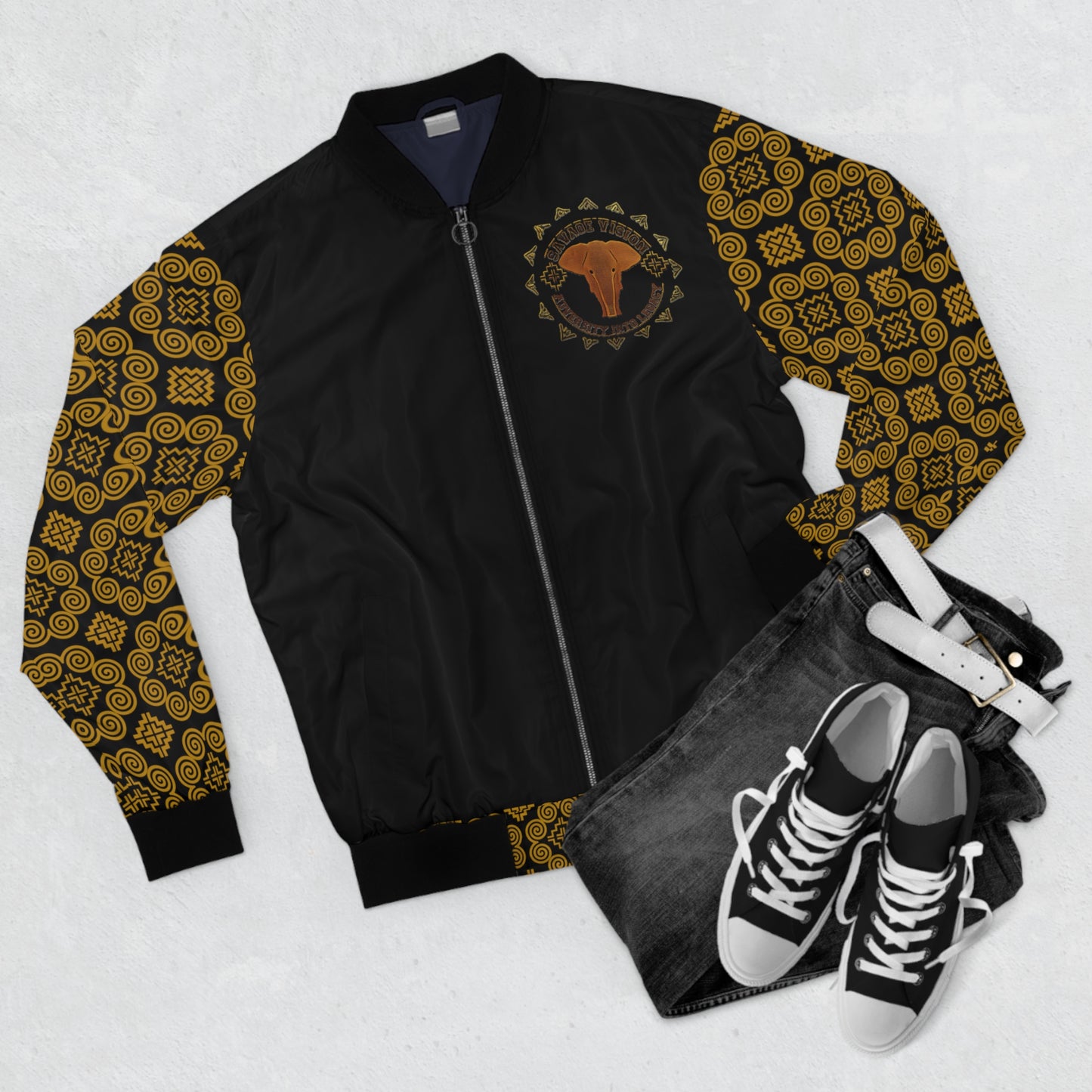 Savage Vision Adversity into Legacy black on Gold Men's Hmong Bomber Jacket